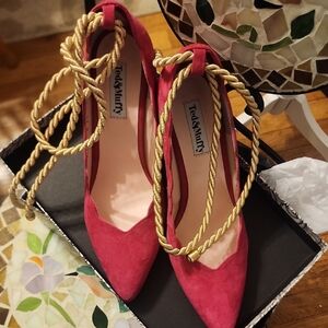 Pink High Heel Pumps with Gold Ankle Strap